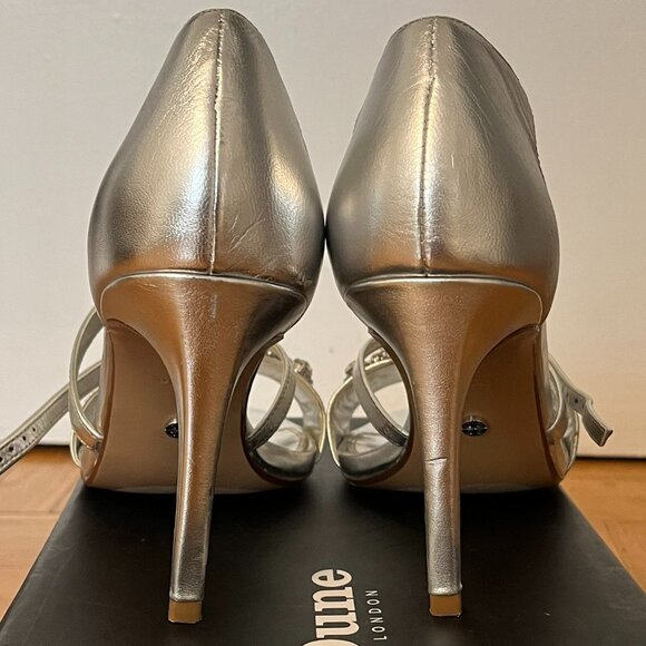 Silver Leather Strappy Heels | Size 39 | Rhinestone Glam Sandals - Picture 6 of 10